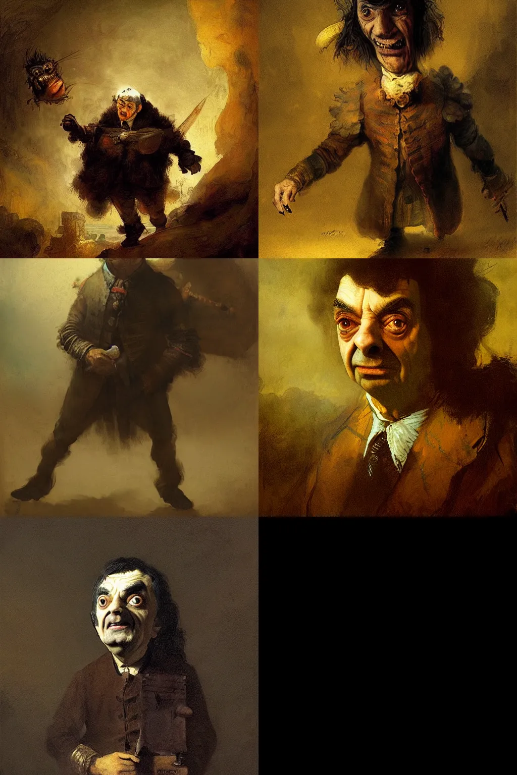 Prompt: Mr Bean as a monstes hunter, by Rembrandt, Goya, Greg Rutkowski