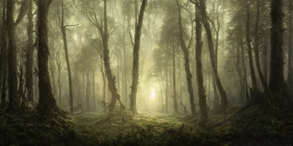 Prompt: A beautiful hyper realistic detailed matte painting of a beautiful mythical dark ominous forest at dusk by john howe, greg rutkowski, albert Bierstadt, alena, aerial view, unreal engine, barometric projection, rectilinear, octane render, ultrawide angle, featured on behance, Trending on artstation, well-rendered, architectural render
