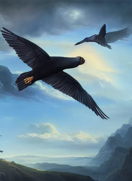 Image similar to a beautiful painting of a condor flying in the sky, matte painting, fantasy art