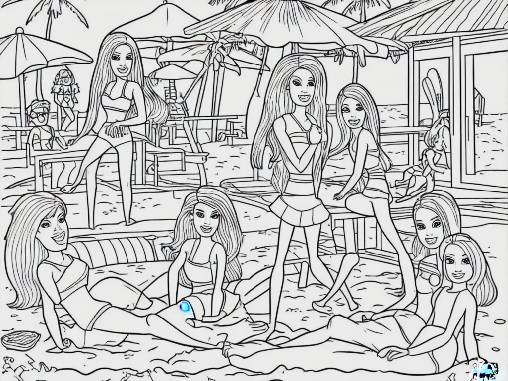 Image similar to coloring book page of Barbie and Skipper playing at the beach