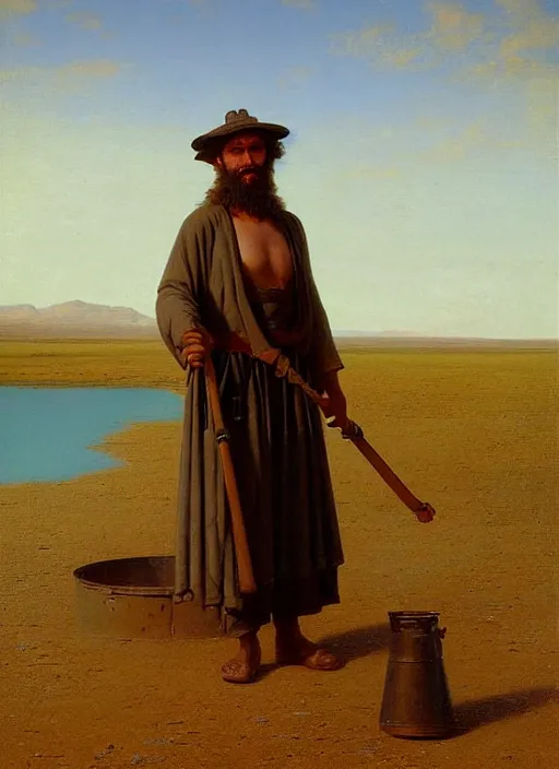 Prompt: beautiful ominous portrait of a male blacksmith in desert next to lake by Edmund Blair Leighton,