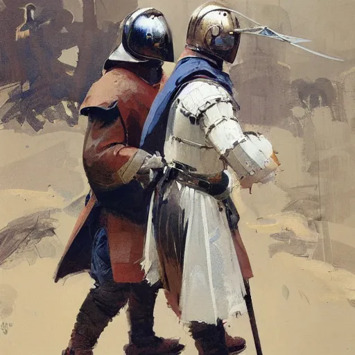 Image similar to portrait of two men wearing gambeson and medieval helmets, fighting, duelling, clashing swords, detailed by greg manchess, craig mullins, bernie fuchs, walter everett