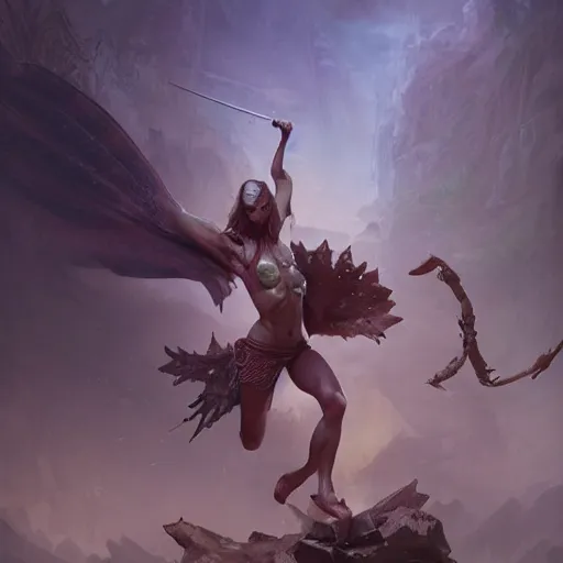 Prompt: scary godlike fairy killing a frog , muscular , upper body , epic , traditional makeup , gorgeous features , Post-processing , low angle , Greg rutkowski legendary matte painting , masterpiece