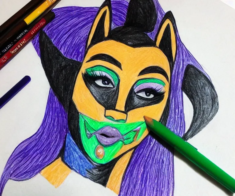 Prompt: “ extremely beautiful black female fox marble statue dressed as batman with crayola crayons in her mouth, photorealistic ”