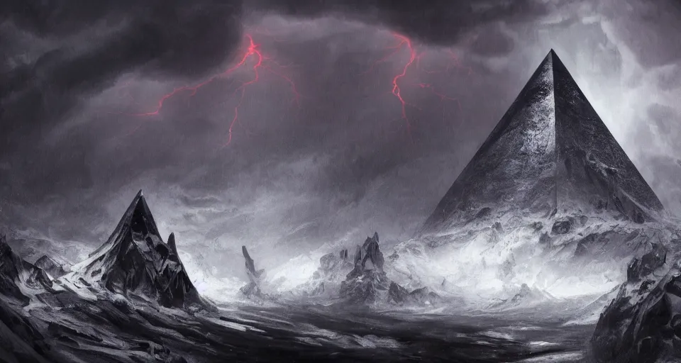 Prompt: black lovecraftian eldritch!! obsidian pyramid!! on a snowy mountain, being found by explorers, snowy, windy, by eugene von guerard, ivan shishkin, night, red lightning!!, storm!, dramatic lighting, concept art, trending on artstation, 8 k