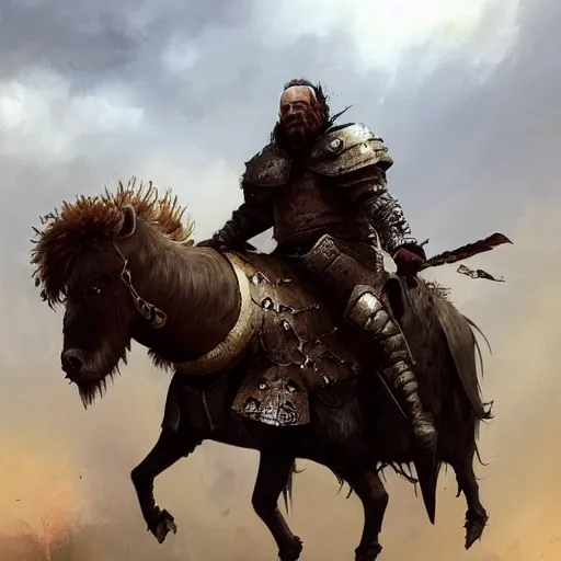 Image similar to Walter white as a dark fantasy warrior riding an armored yak, made by Greg Rutkowski