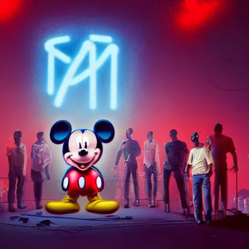 Image similar to a group of people standing around a giant bloody wounded mickey mouse with a netflix neon logo, cyberpunk art by david lachapelle, cgsociety, sots art, dystopian art, reimagined by industrial light and magic, dark concept art