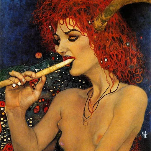 Prompt: incubus with horns smoking a cigar, klimt, royo, miro, frazetta, whealan