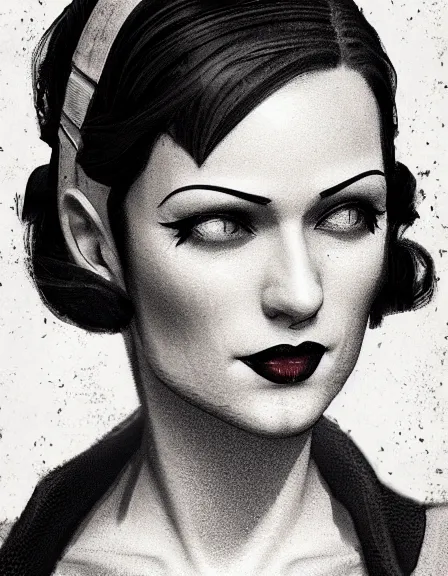 Prompt: intelligent female pirate captain 3 5 years old, 1 9 3 0 s haircut, fully clothed, wise, beautiful, portrait by stanley artgerm, dramatic lighting, trending on artstation, flat colour, geometric curves, gradient filter, art deco pattern, sharp focus