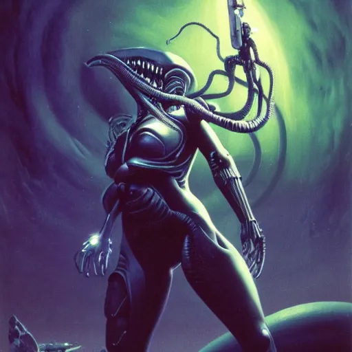 Image similar to a highly detailed 3D portrait of an attractive female cyborg standing holding a strange xenomorphic weapon in a seductive pose ready for battle. Alien spaceship high in the background. Flowing beautiful hair, anatomy portrait, fullbody, symmetrical and science fiction theme with lightning, aurora lighting clouds and stars. Clean and minimal design by beksinski, carl spitzweg, HR Giger and Tuomas Korpi and bouguereau and Zdzislaw Beksinski, good clear quality, lighting, biology, symmetrical artwork, perfect face, 135 mm, cinematic, hyper realism, high detail, octane render, 8k, crimson accents