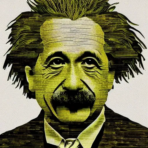 Image similar to portrait of albert einstein made of avocado slices, beautiful photo, arranged on a wooden table