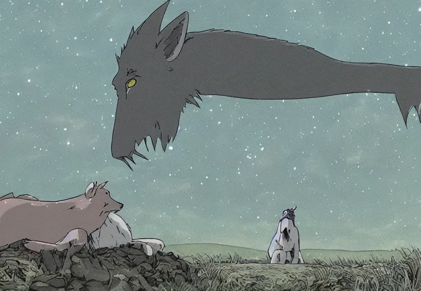 Image similar to a cell - shaded cartoon from princess mononoke ( 1 9 9 7 ) showing a huge giant grey monster. in the background is stonehenge on a misty and starry night. very dull muted colors, hd, 4 k, hq