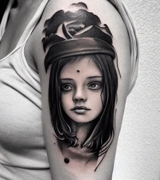 Image similar to a beautiful girl faded in a mountain background, in the style of den yakovlev, black and white, realism tattoo, hyper realistic, highly detailed