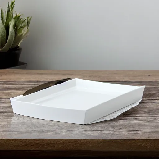 Prompt: white square tray, floating in mid air in a white room, photo realistic