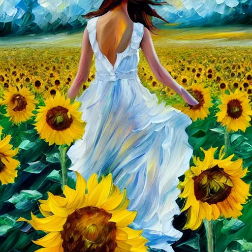 Image similar to a girl slowly walking through amazing tall sunflower field, her hair flowing down, subtle, intricate details, real masterpiece, oil on canvas, by leonid afremov