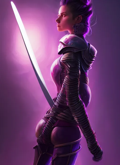 Prompt: portrait, back shot, looking away from viewer, woman with long black ponytail, wearing sci - fi leather armor, glowing purple katana, intricate, elegant, glowing lights, highly detailed, digital painting, artstation, concept art, smooth, sharp focus, illustration, art by wlop, mars ravelo and greg rutkowski