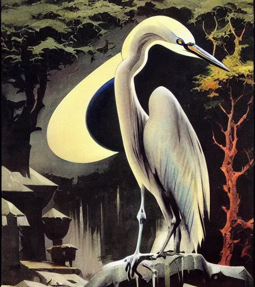 Prompt: the shrine of the heron by Frank Frazetta, trending on tumblr, HD, detailed, cubism, monochrome, realism, painting, shintoism