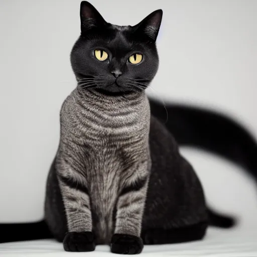 Image similar to national geographic photograph of a black american shorthair cat sitting in a white room