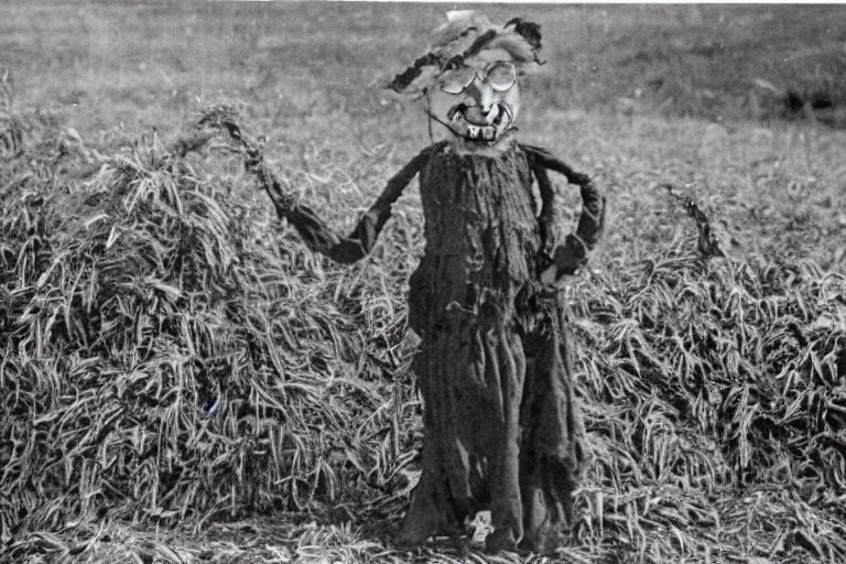 Prompt: horrifying scarecrow from the early 1 9 0 0's burning down the cornfields