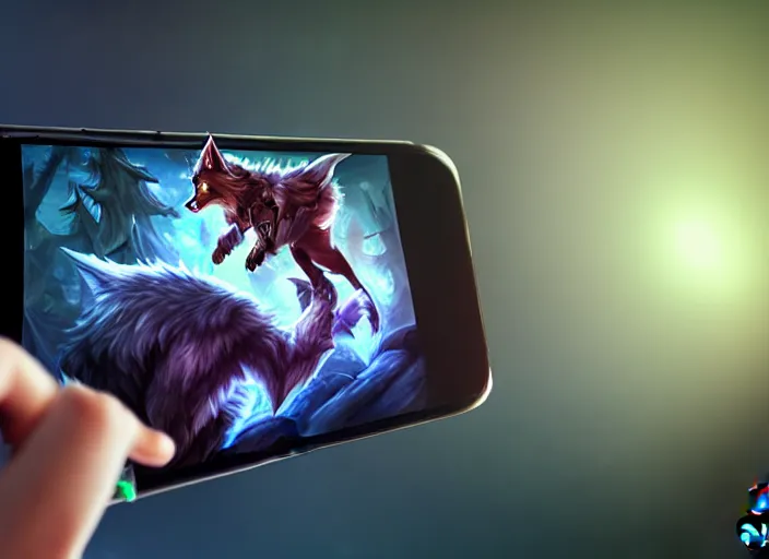 Image similar to wolf playing league of legends on mobile phone, realistic photograph, high quality, 4 k, full shot