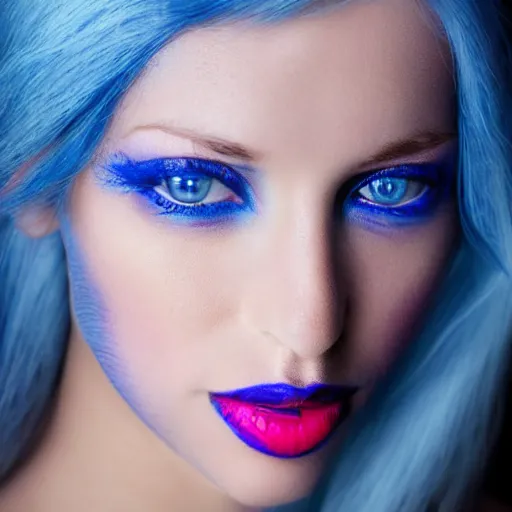 Image similar to A beautiful portrait of a woman with iridescent skin and blue hair and blue eyes