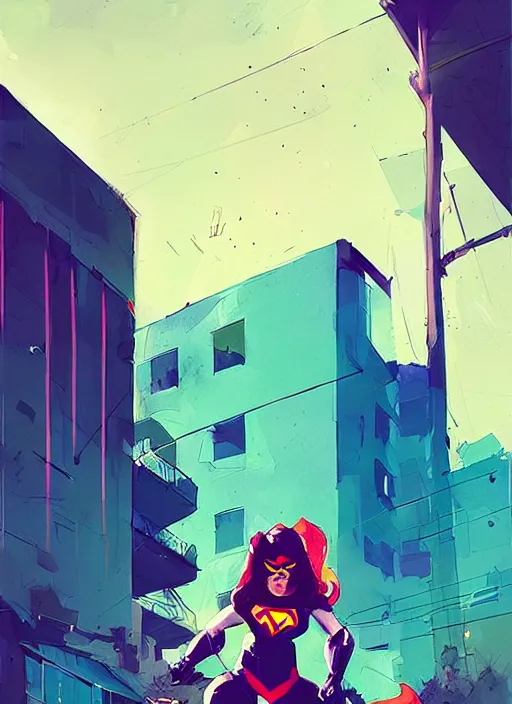 Image similar to superheroine hellcat, blue building in the background, art by ismail inceoglu