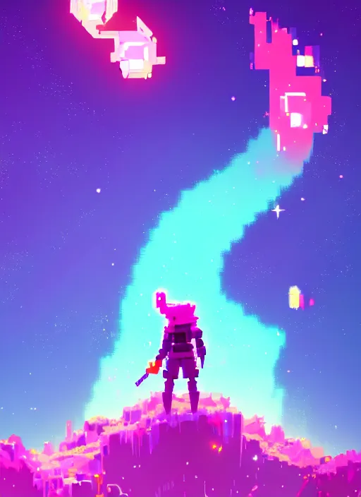 Prompt: a person upspiraling to the sparkles of crystal, diamond and rose quartz, going into dark infinity, beautiful high quality art in hyper light drifter style, trending on artstation