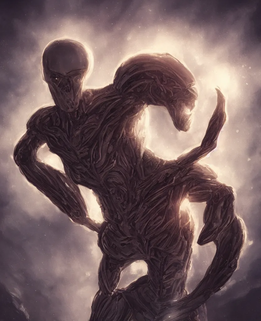 Image similar to a portrait of humanoid alien with a heroic pose, dramatic rim lighting