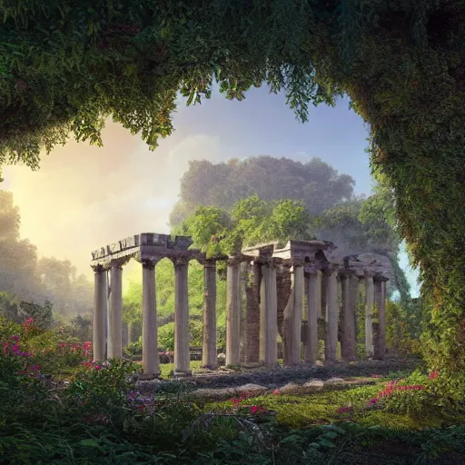 Prompt: beautiful highly detailed digital illustration of greek palace ruins in the forest. by Andreas Rocha, dramatic clouds, flowers and vines and creepers, establishing shot, cinematic, architecture, artstation HQ, HD, 8k resolution, featured in art magazine, amazing depth, octane render, unreal engine 5