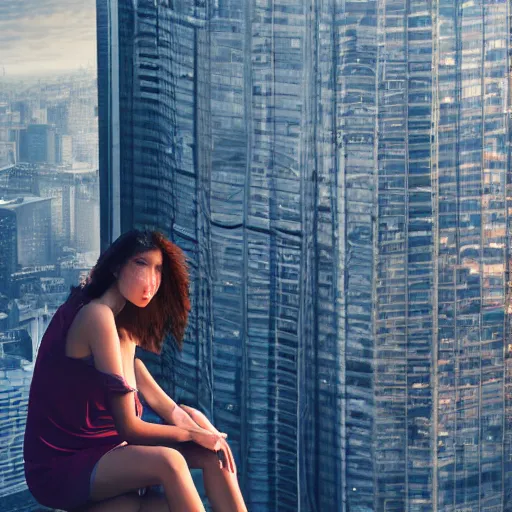 Prompt: Giant woman sitting on a building, very high detail, 4K quality, super realistic, photo realistic