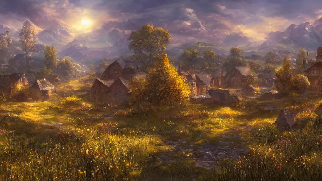 Prompt: a poore village surrounded by golden grasslands, fantasy artwork, very very very beautiful scenery, hd, hdr, ue5, ue6, unreal engine 5, cinematic 4k wallpaper, 8k, ultra detailed, high resolution, artstation, award winning