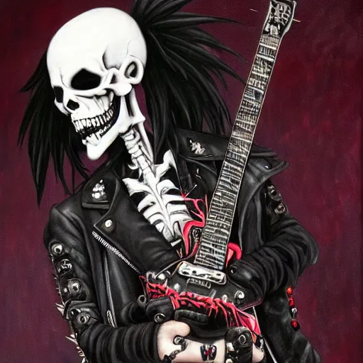 Image similar to a portrait of the grim reaper as a punk rocker playing an electric guitar, punk, skeleton face, mohawk, dark, fantasy, leather jackets, spiked collarsand wristbands, piercings, boots, ultrafine detailed oil on canvas painting by frank frazetta and vito acconci and and takeshi obata, death note style, symetric body, sharp focus