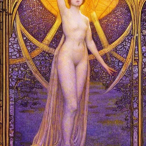 Image similar to a beautiful young medieval queen by jean delville, art nouveau, symbolist, visionary, gothic, celestial, whimsical, magical, airy