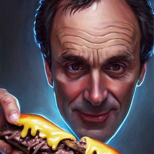 Image similar to Ted Bundy crying eating cheesesteaks, dripping BBQ Sauce, serving burgers, D&D, spilling ketchup, fantasy, intricate, elegant, highly detailed, digital painting, artstation, concept art, matte, sharp focus, illustration, hearthstone, art by Artgerm and Greg Rutkowski and Alphonse Mucha