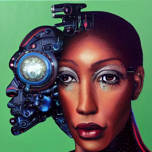 Image similar to a realistic oil painting of a black woman as a cybernetic cyborg, surrealism portrait, surrealism album cover