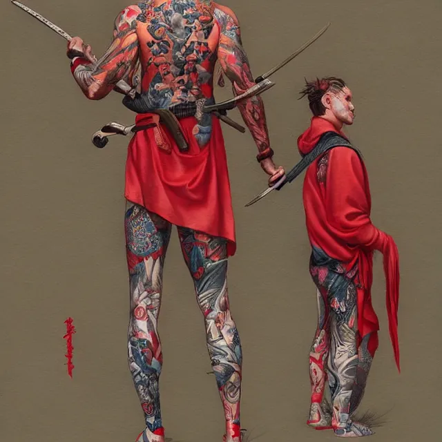 Image similar to ultra realistic illustration, borat dressed in red kimono weilding a katana, backview, tattoos, in the style of peter mohrbacher by weta digital and beth cavener, high face symmetry, intricate, masterpiece, award winning, high face symmetry, intricate