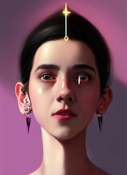 Image similar to portrait of teenage girl, realistic, black hair, bangs, half updo hairstyle, pointy nose, skinny, smile, ugly, defined jawline, big chin, pink hair bow, earrings, intricate, elegant, glowing lights, highly detailed, digital painting, artstation, sharp focus, illustration, art by wlop, mars ravelo and greg rutkowski