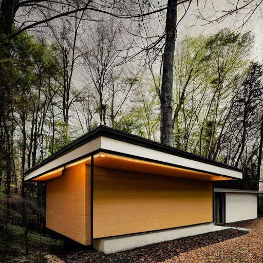 Prompt: architecture ad for a big mid-century modern house in the middle of the wood designed by kengo khuma. grain, cinematic, colorized, yellow hue.