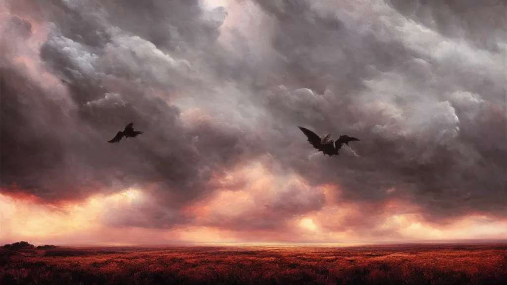 Image similar to a cinematic landscape photograph of a castke in the clouds, a fiery dragon flys in the sky, thunder and lightning, lee madgwick