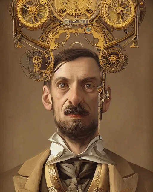 Prompt: amazing portrait of victorian man scientist, steampunk, highly detailed, intricate, ornate, symmetry, golden ratio, photorealistic, 8k, very sharp details, by rutkowski and stalenhag, modern sci-fi photo