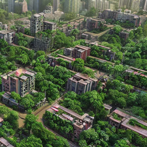 Prompt: Kowloon walled city overgrown with lush vegetation rendered in Lumion Pro, Autodesk Solidowkrs Visualize, Maya, and Cinema 4D by Iwan Baan, Greg Rutkowski, Ted Gore, Dustin Lefevre, and Jaya Su Berg, trending on artstation, cgsocciety r/art