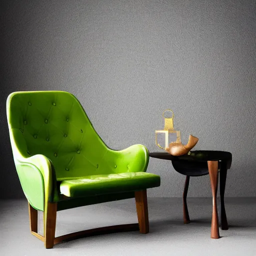 Image similar to an avacado chair, an armchair that looks like an avacado with green leather and seed yolk, award winning design, studio lighting, advanced photography, beautifully lit