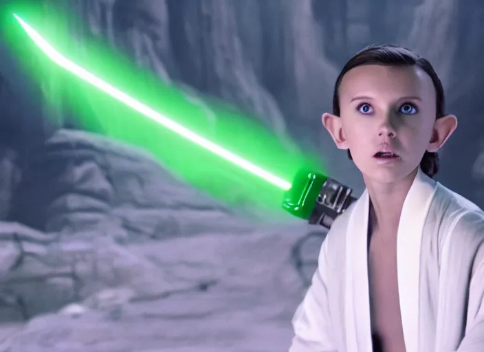 Image similar to film still of millie bobby brown as yoda in star wars movie, green skintone, pointy ears, wearing long white robe in a sith temple, deep focus, glamour pose, dramatic lighting, octane, mist, steve mccurry, volumetric lighting, 8 k