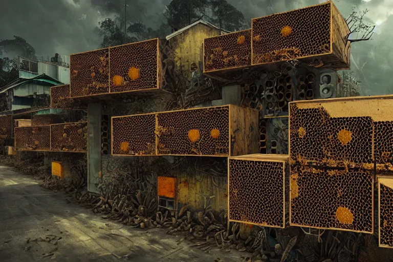 Image similar to favela lobster honeybee hive, wooded environment, industrial factory, horror, award winning art, epic dreamlike fantasy landscape, ultra realistic,