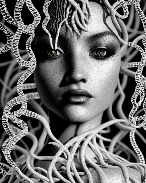 Image similar to surreal mythical dreamy artistic black and white fine art photo of a beautiful young female queen - medusa - cyborg covered with metal fish scales and translucent algae, highly detailed, intricate crystal ivy jelly fish scales ornate, poetic, octane render, 8 k, photo - realistic