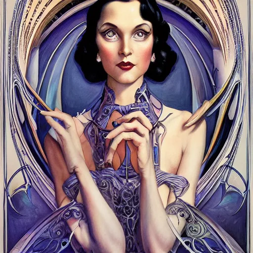 Image similar to an art nouveau, ( streamline moderne ), multi - racial portrait in the style of donato giancola and anna dittmann and charles dulac. very large, clear, expressive, and intelligent eyes. symmetrical, centered, ultrasharp focus, dramatic lighting, photorealistic digital matte painting, intricate ultra detailed background.