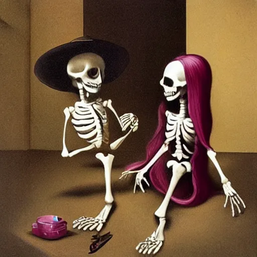 Prompt: a friendly skeleton entertaining a girl by mark ryden