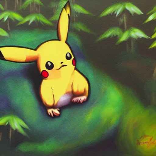 Prompt: An Pikachu sleeping in a forest, airbrush painting