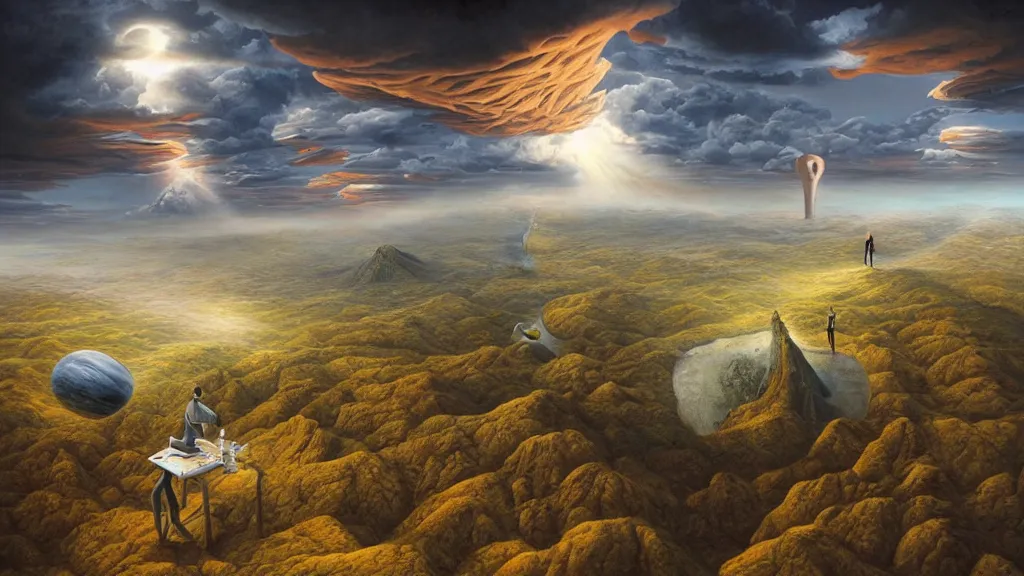 Image similar to surreal landscape with anthropomorphic!!! terrain!!! in the styles of igor morski, jim warren, and rob gonsalves, intricate, hyperrealistic, volumetric lighting, big sky, distinct horizon