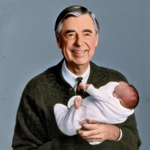 Image similar to mr. rogers proudly displaying an upside - down infant. 1 9 7 0 s studio color photo.